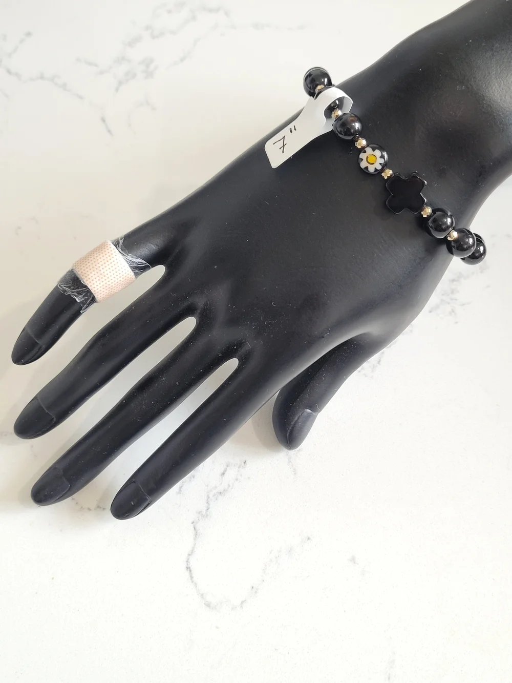 Hand Crafted Black Onyx Bead Kids Bracelet with Glass Daisy Accent